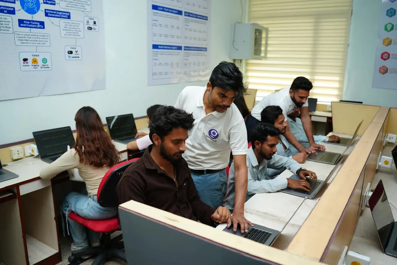 Students working together at a display table